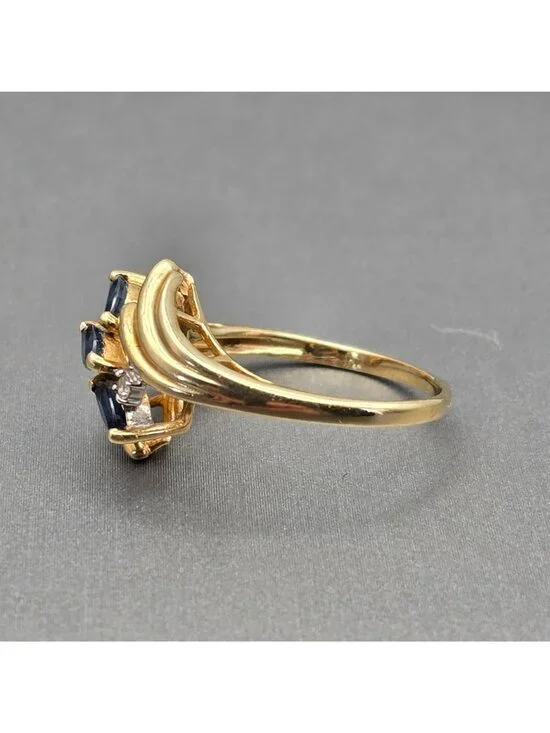 10k Gold Ring Size 7 3 Marquise Sapphire & 2 Diamond Accents Signed Cardow - Picture 2 of 16